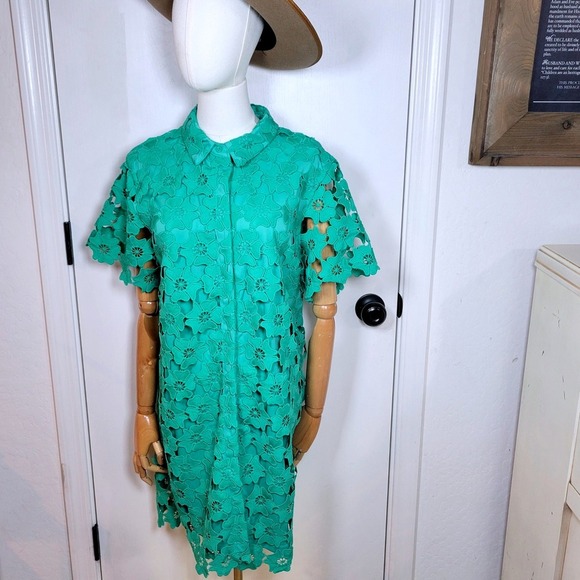Umgee Green Floral Eyelet Lace Button Front Collared Shift Dress Boho Chic M - Picture 1 of 9